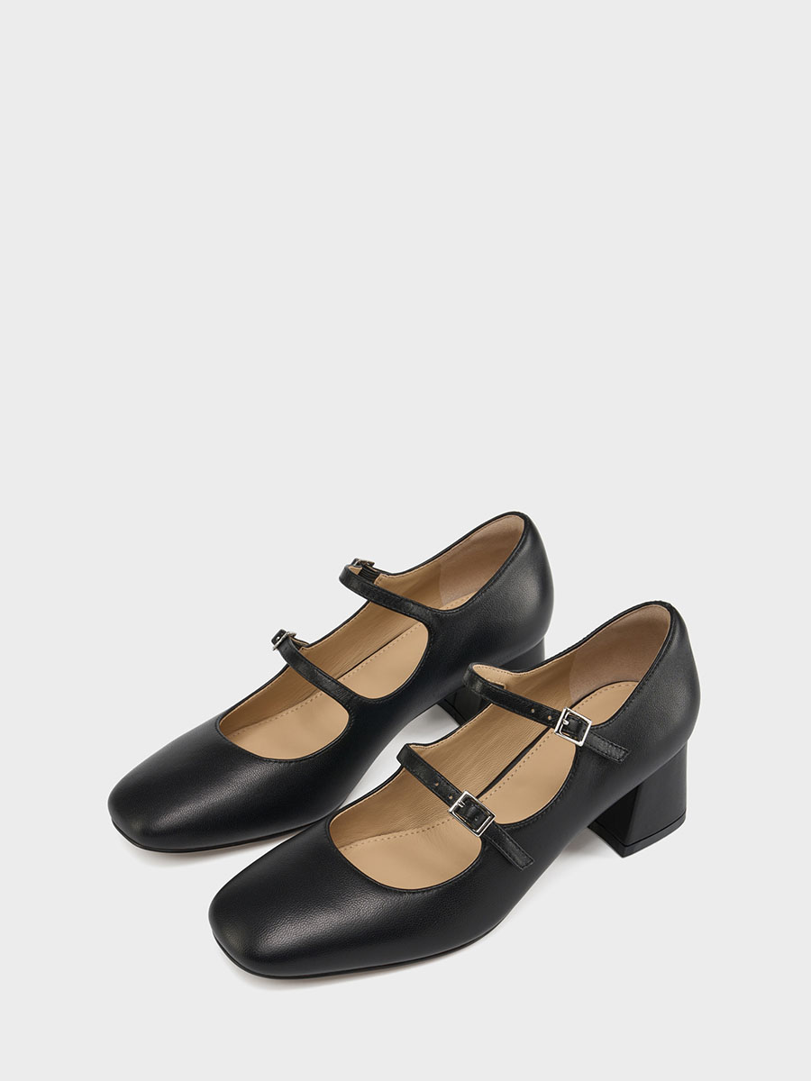 Women’s Black Lambskin Double Strap Mary Jane Round Toe Block Heels Pumps (3)
