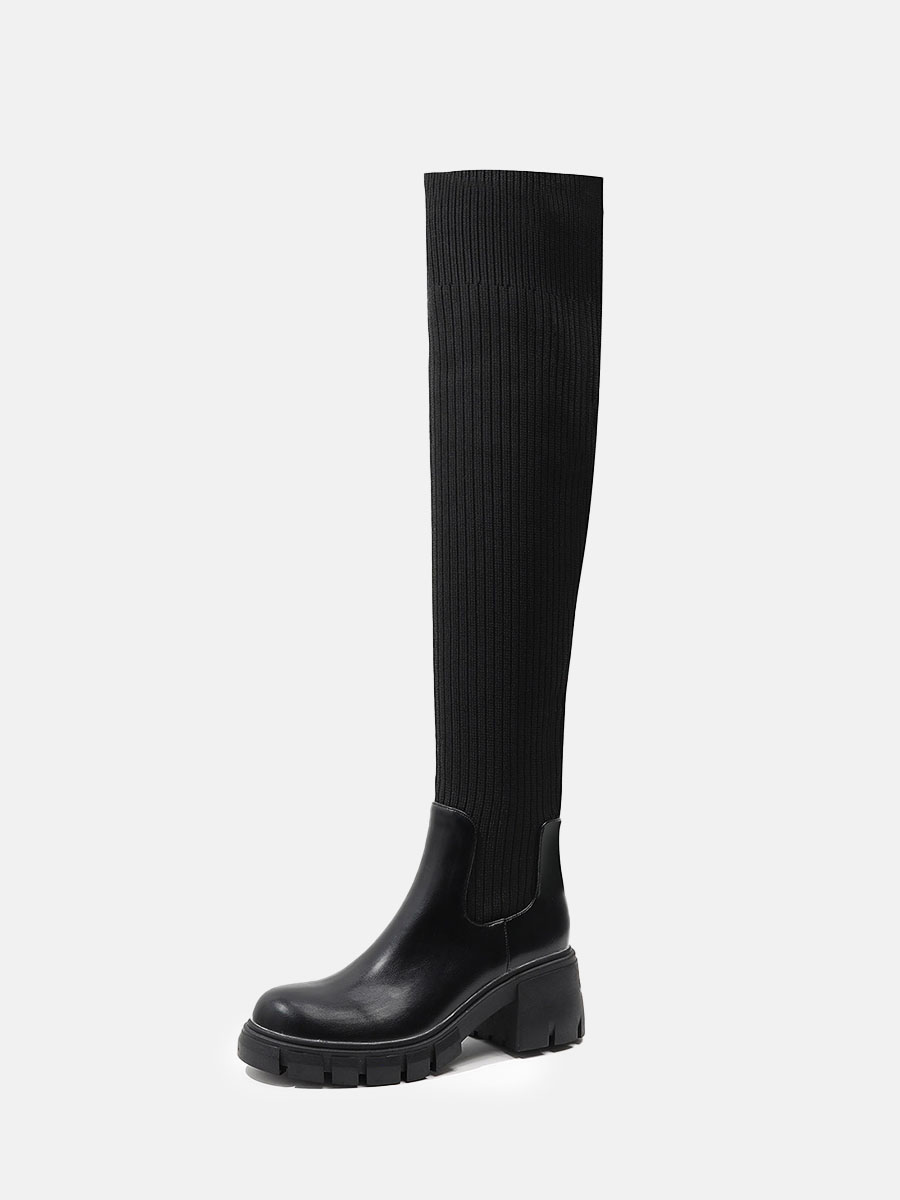 Women’s Black Lug Sole Platform PU Round Toe Block Heel Over the Knee Boots (1)