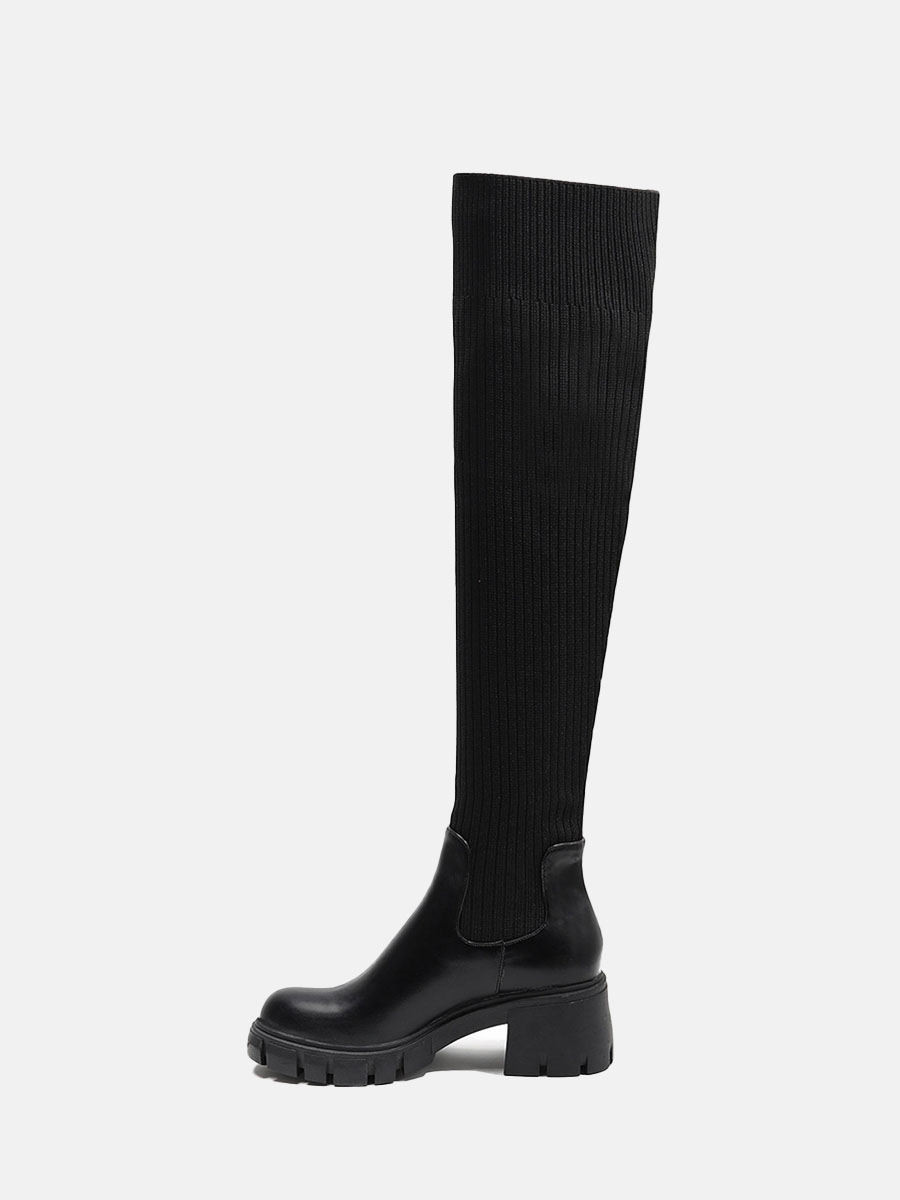 Women's Black Lug Sole Platform PU Round Toe Block Heel Woolen Over The Knee Boots