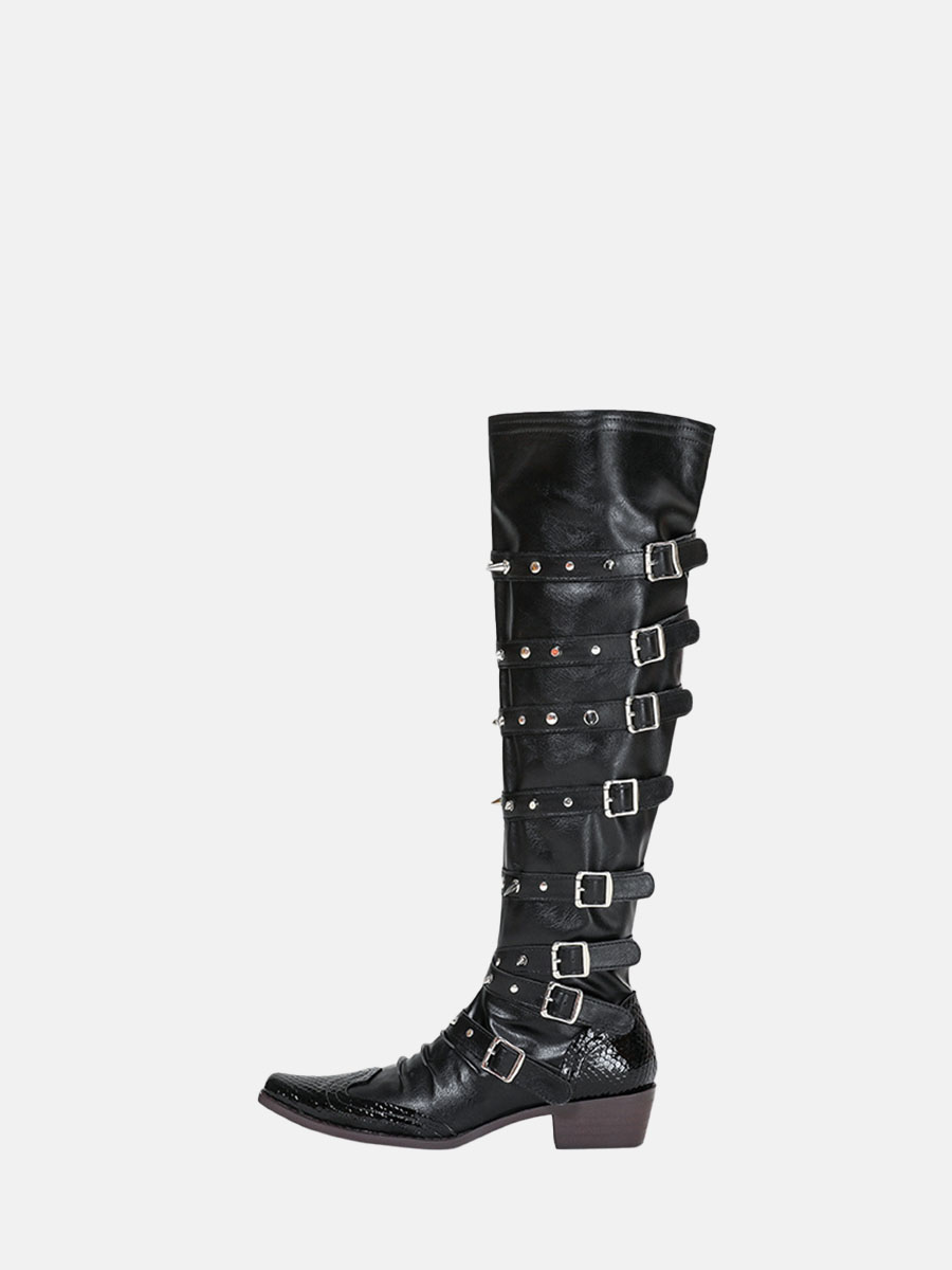 Women’s Black Matte Cowhide Studded Buckle Knee High Boots Pointed Toe Block Heel