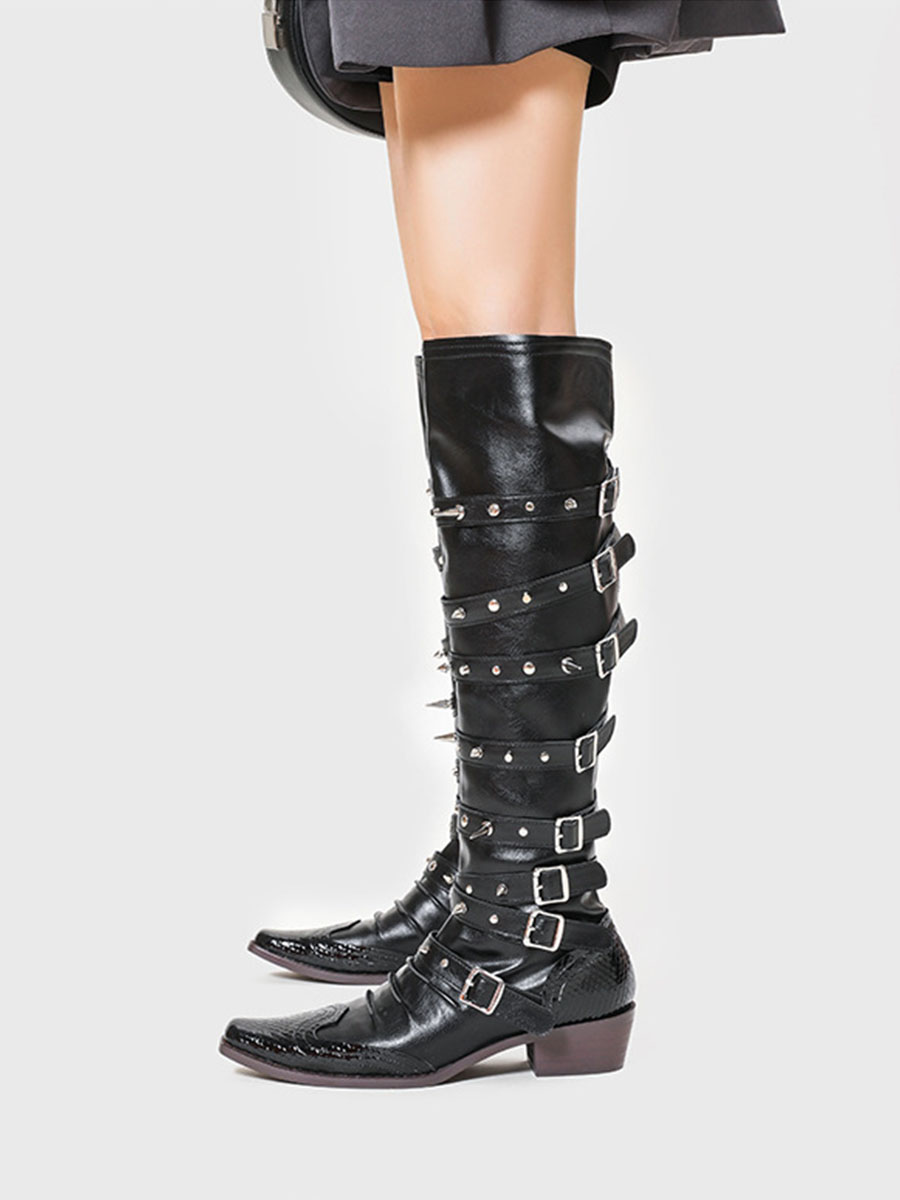 Women’s Black Matte Cowhide Studded Buckle Knee High Boots Pointed Toe Block Heel (7)