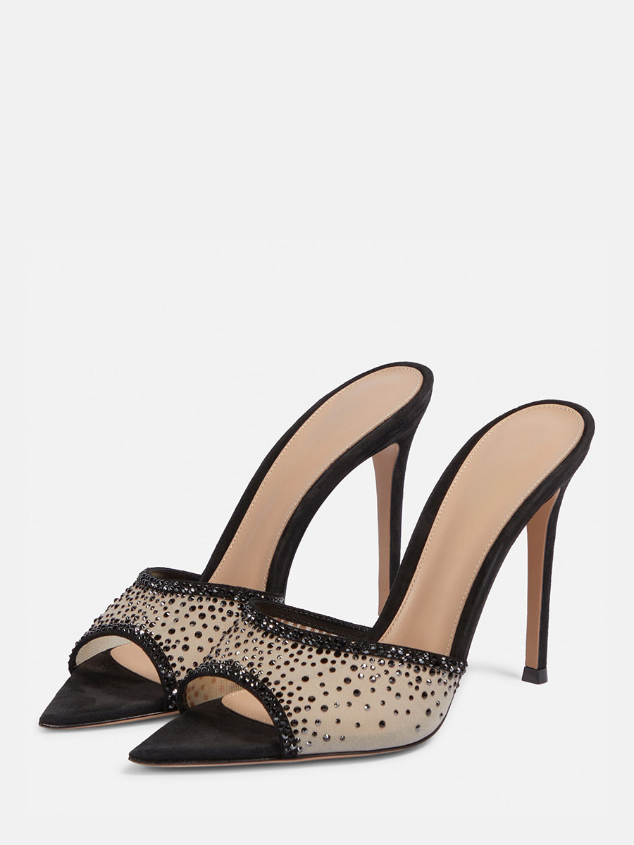 Women’s Black Mesh Rhinestone Mule Stiletto Heel Sandals