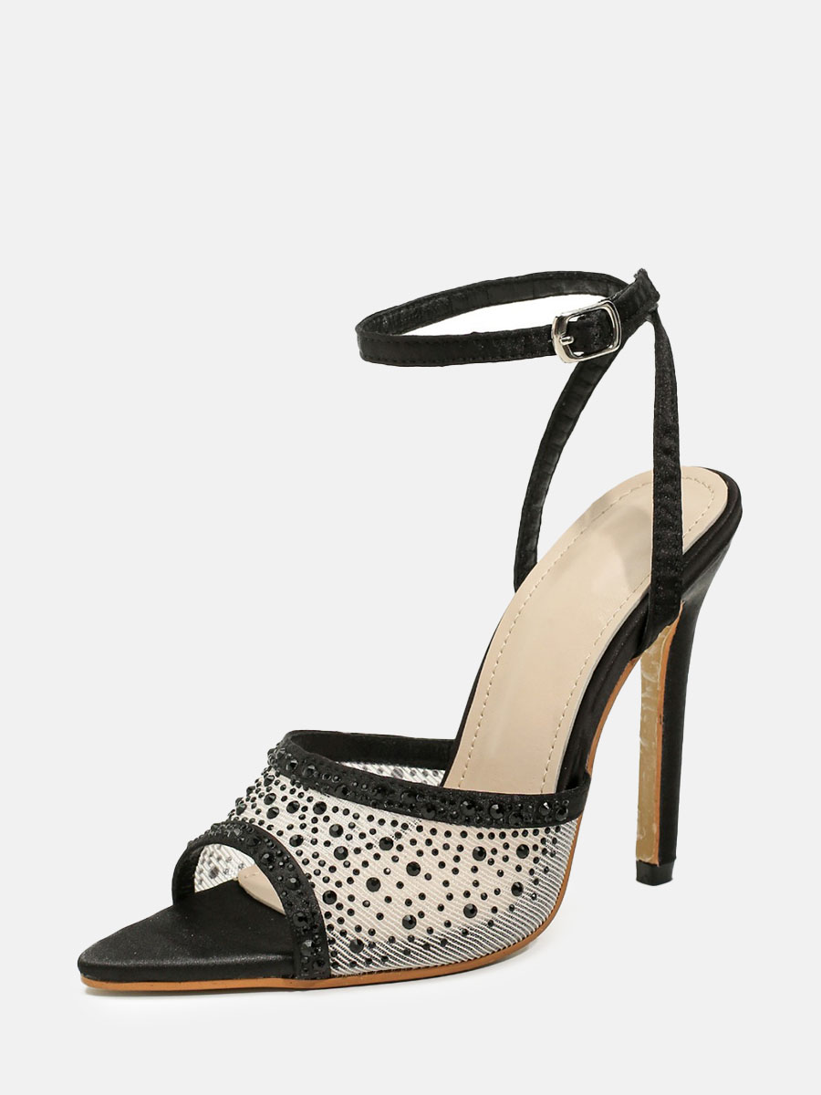 Women's Black Mesh Rhinestone Peep Toe Ankle Strap Stiletto Heels Sandals