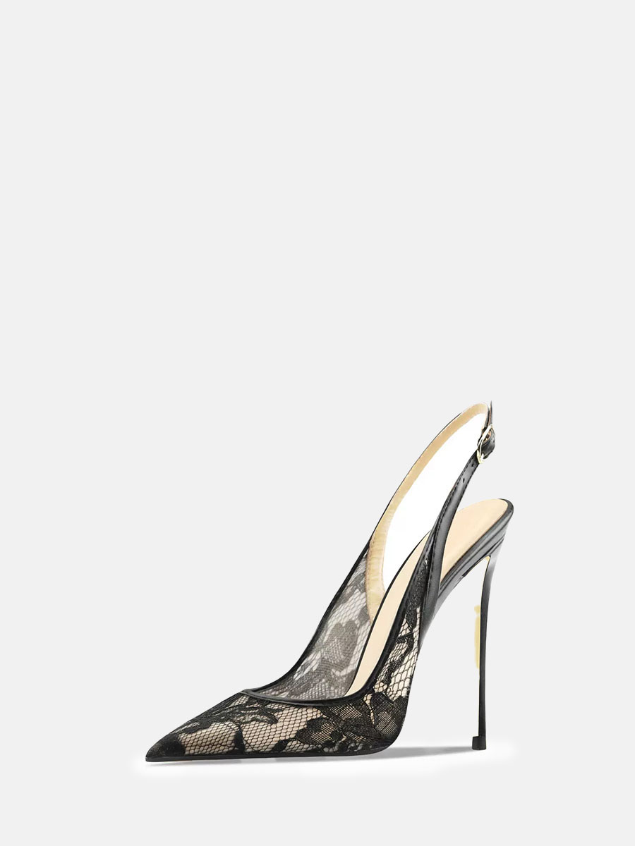 Women’s Black Mesh Slingbacks Lace Stiletto Heel Bridal Pumps (11)