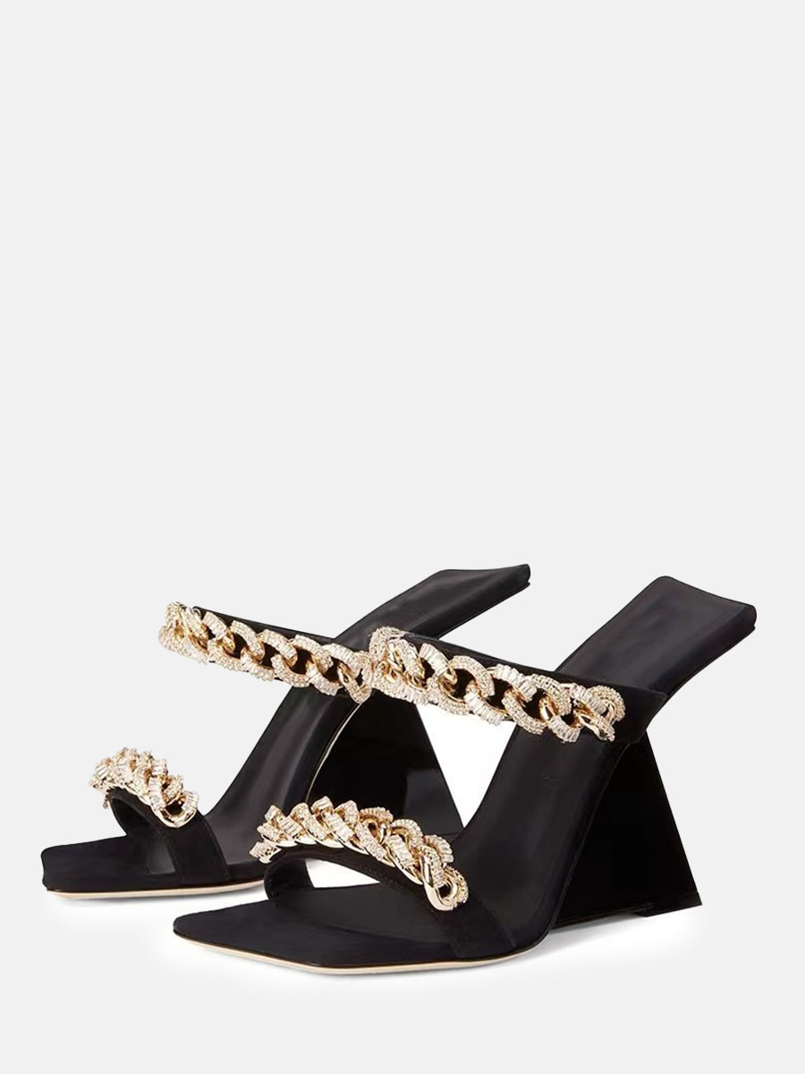 Women's Black Microfiber Chain Embellished Square Toe Wedge Heels Sandals