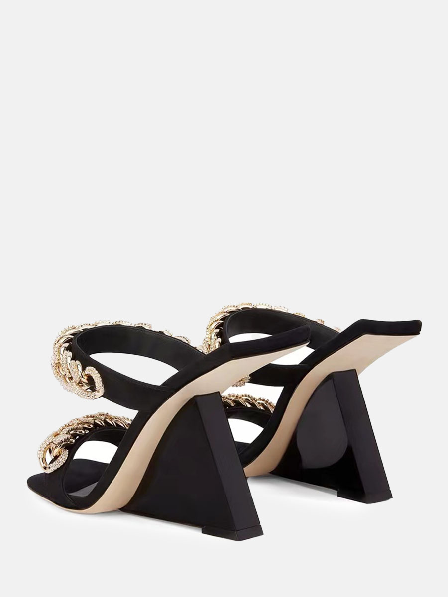 Women’s Black Microfiber Chain Embellished Square Toe Wedge Heels Sandals (4)