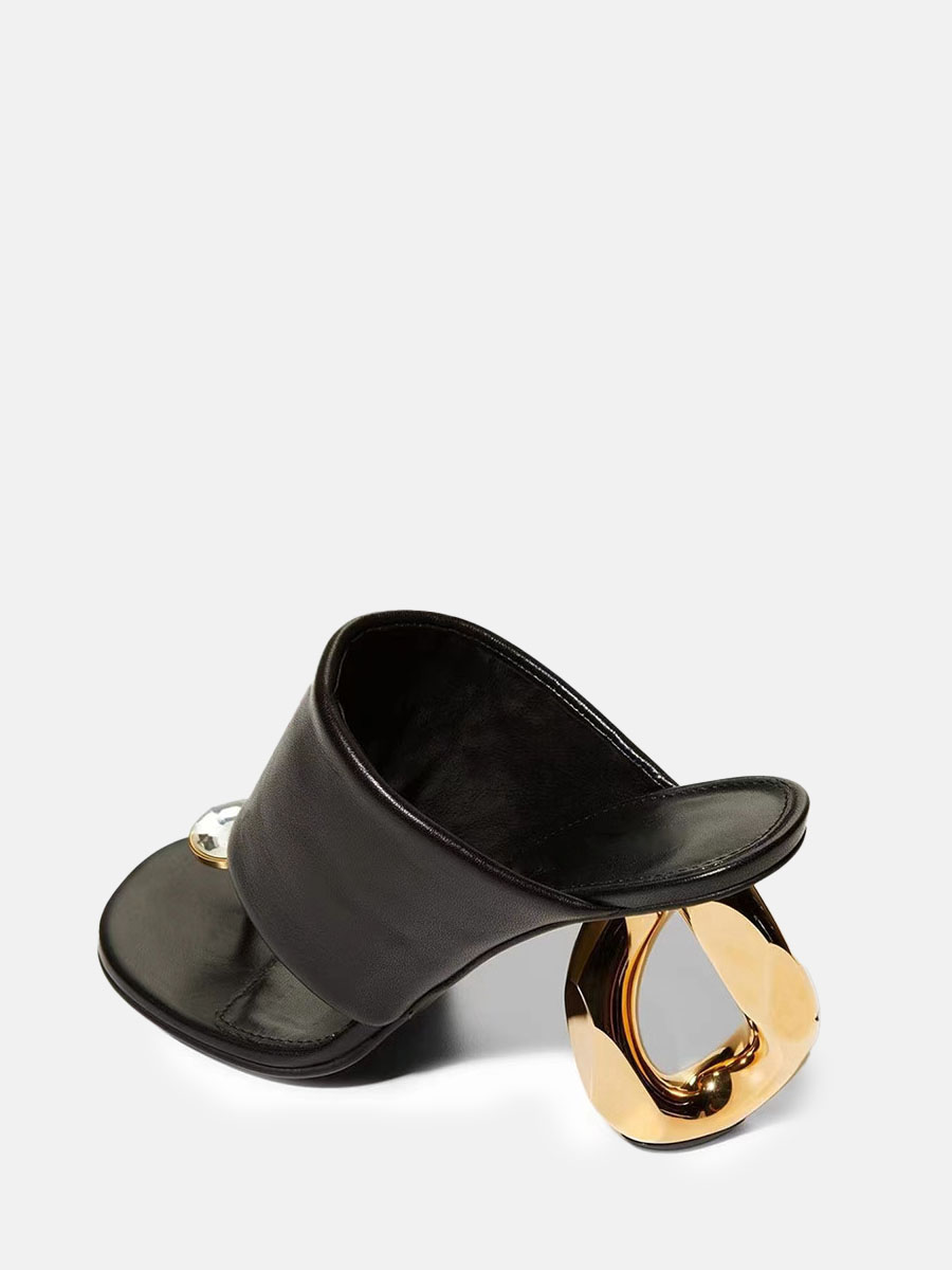 Women’s Black Microfiber Rhinestone Special Shaped Metal Heel Open Toe Mules Sandals (1)