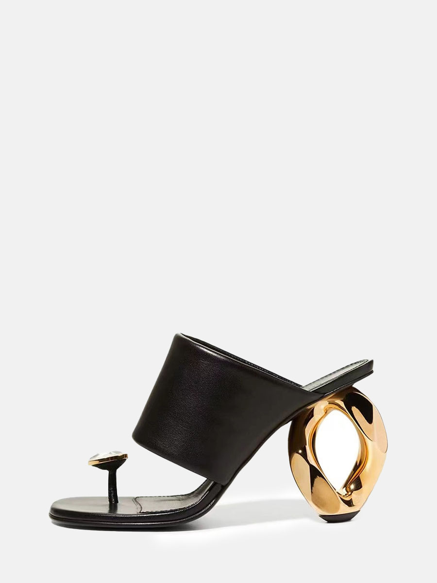 Women's Black Microfiber Rhinestone Special Shaped Metal Heel Open Toe Mules Sandals