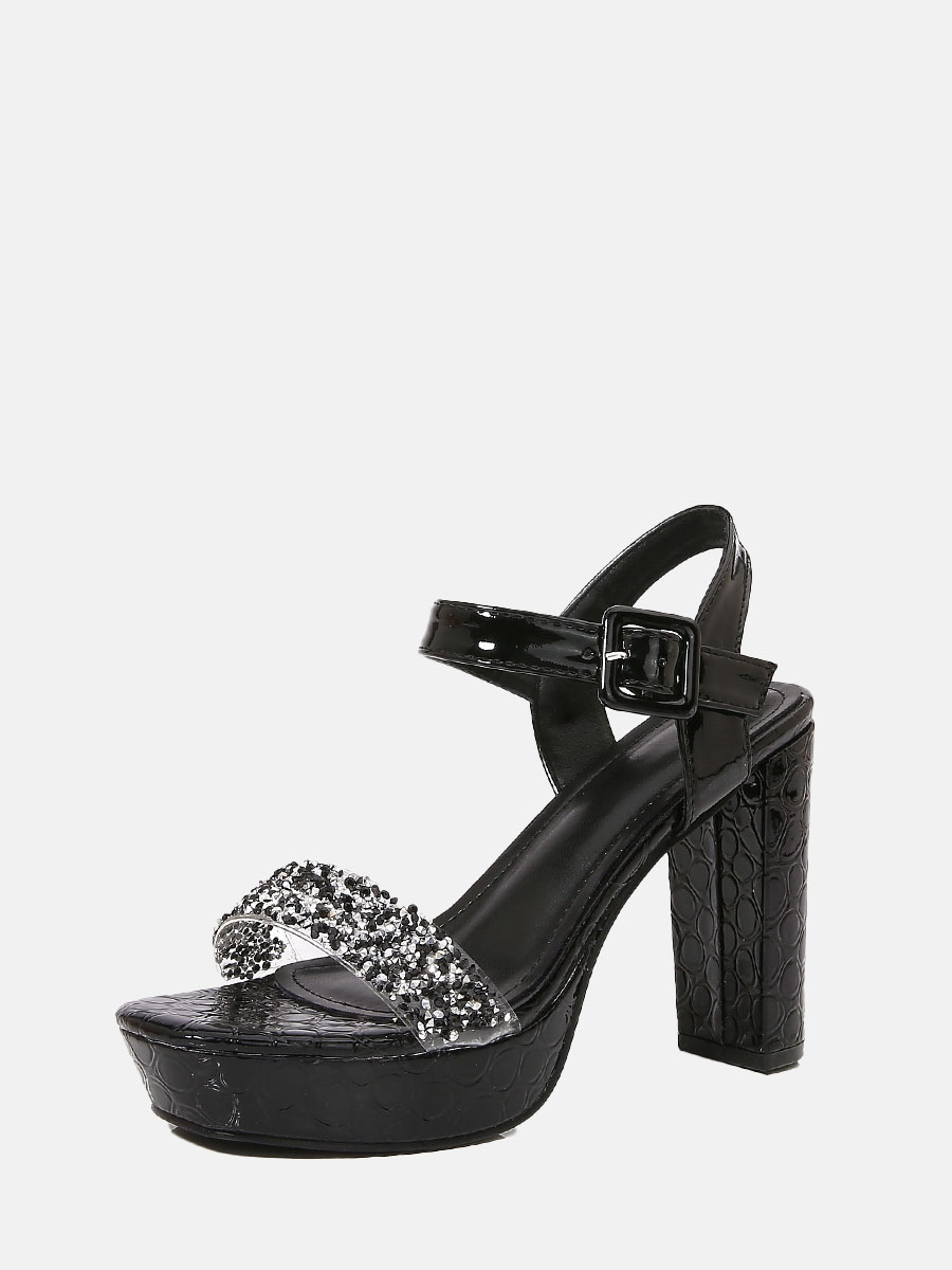 Women's Black PU Rhinestone Buckle Strap Platform Block Heels Slingback Sandals