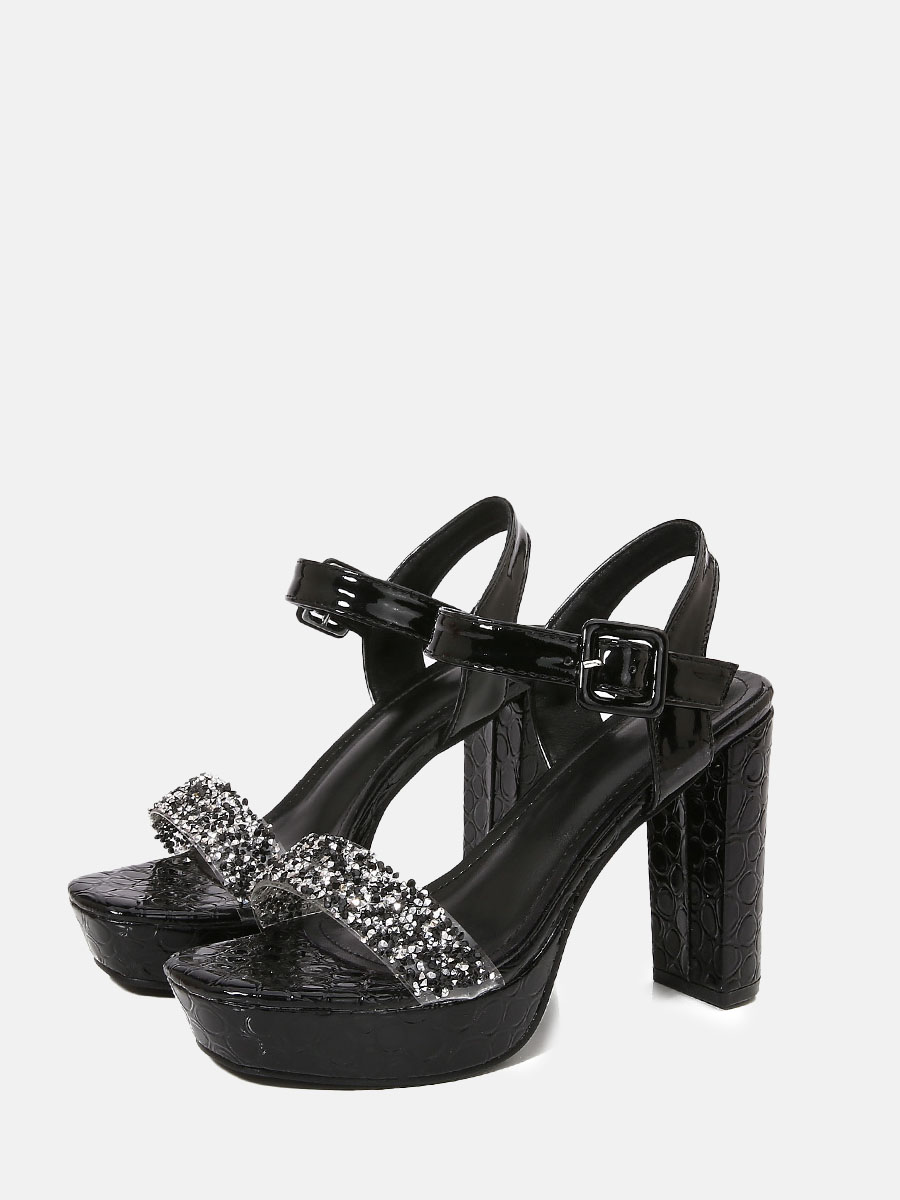 Women’s Black PU Rhinestone Buckle Strap Platform Block Heels Slingback Sandals (2)