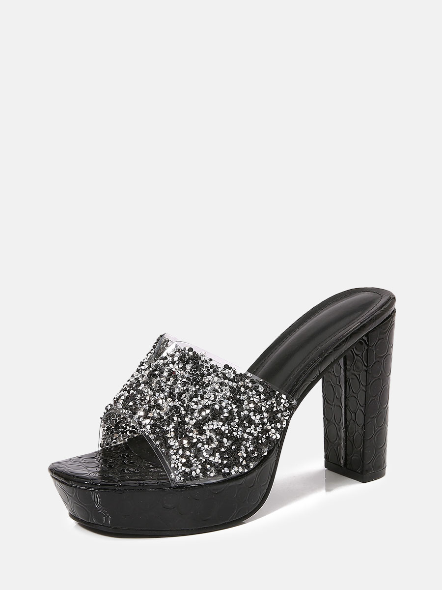 Women's Black PU Rhinestone Platform Block Heels Mules