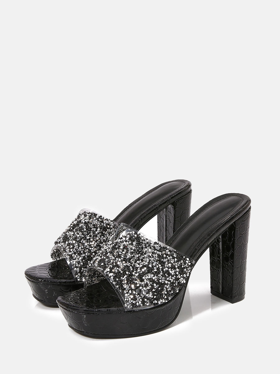 Women’s Black PU Rhinestone Platform Block Heels Mules (2)