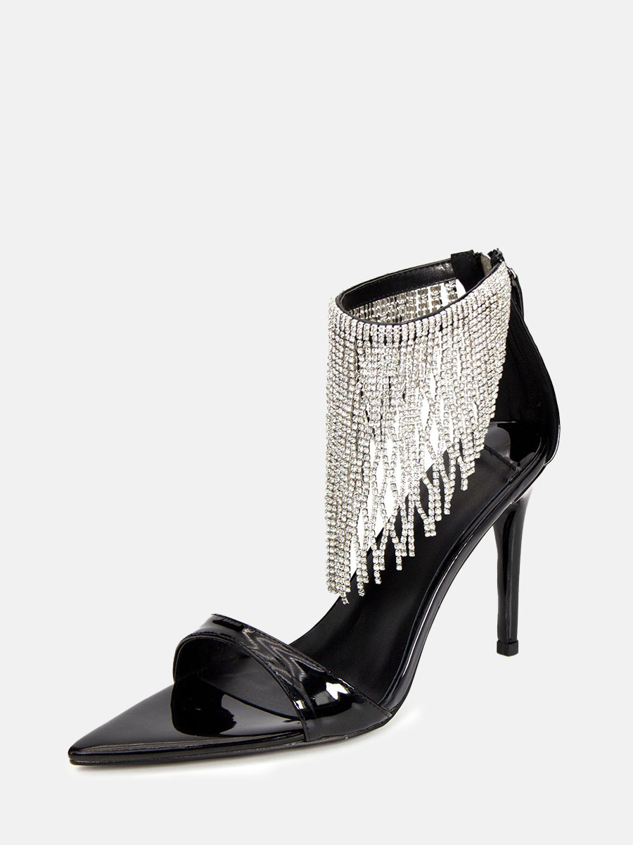 Women’s Black Patent Leather Ankle Strap Rhinestone Tassel Open Toe Stiletto Heels Sandals (2)