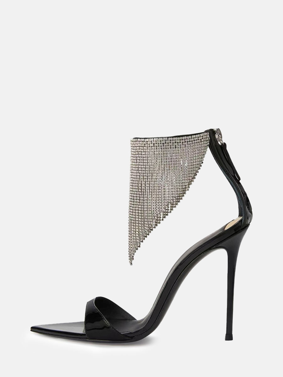 Women's Black Patent Leather Ankle Strap Rhinestone Tassel Open Toe Stiletto Heels Sandals