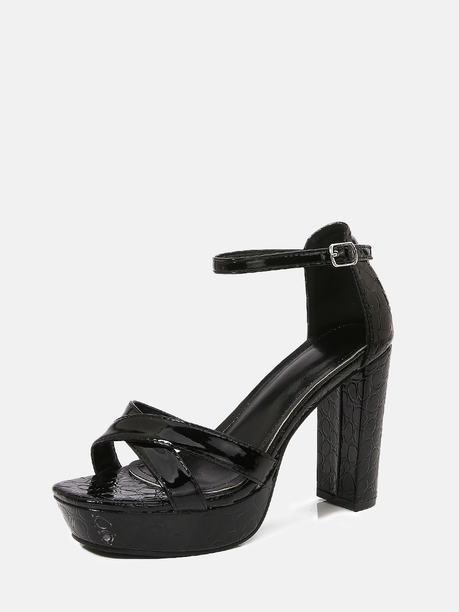 Women's Black Patent PU Crisscross Ankle Strap Open Toe Platform Block Heels Sandals