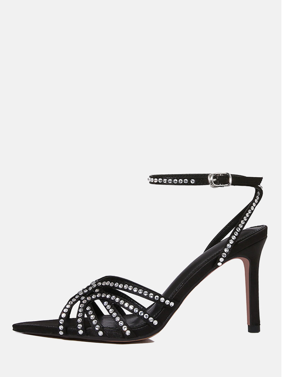 Women’s Black Rhinestone Ankle Strap Stiletto Heel Sandals