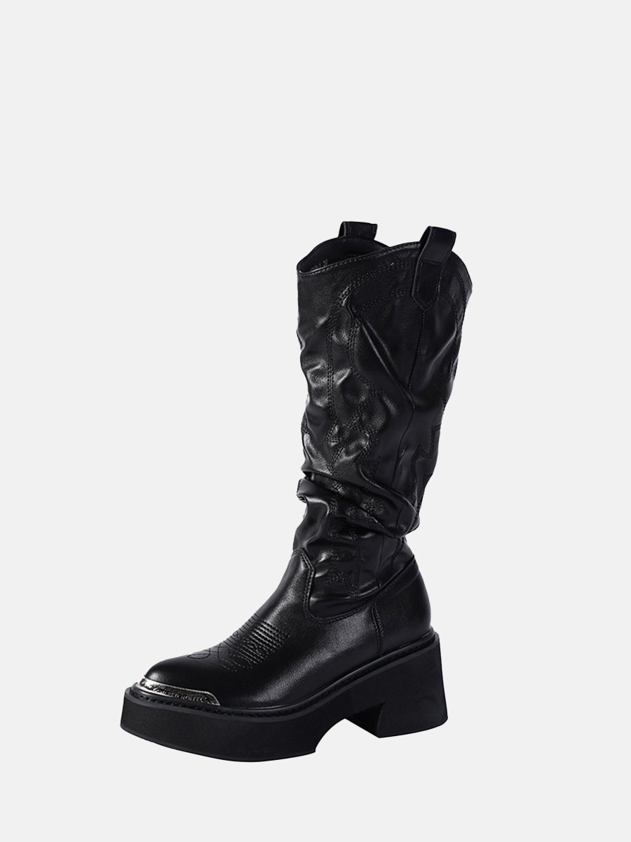 Women’s Black Slouchy Western Boots Metal Trim Block Heel Mid Calf Boots