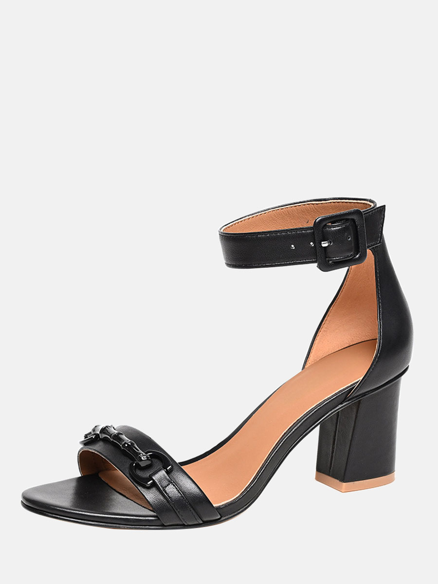 Women's Black Soft Goatskin Ankle Strap Open Toe Block Heels Sandals