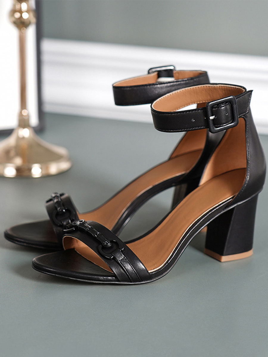 Women’s Black Soft Goatskin Ankle Strap Open Toe Block Heels Sandals (2)