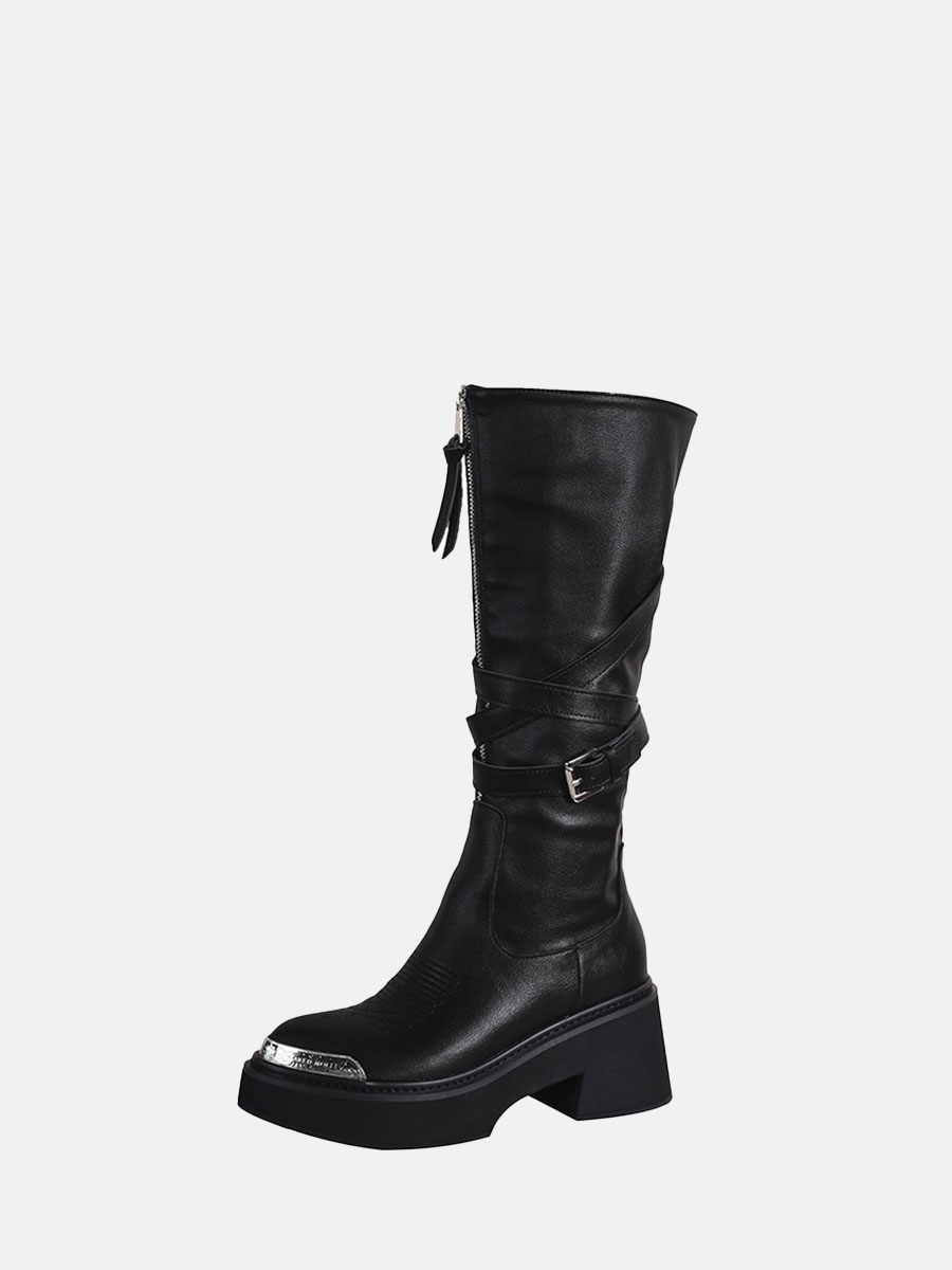 Women’s Black Strappy Knee High Boots Metal Trim Block Heel