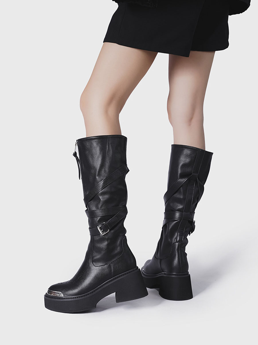 Women’s Black Strappy Knee High Boots Metal Trim Block Heel (6)