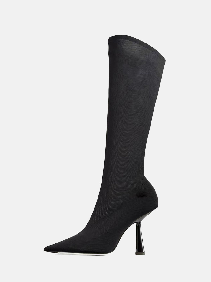 Women's Black Stretch Fabric Pointed Toe Stiletto Heels Knee High Boots