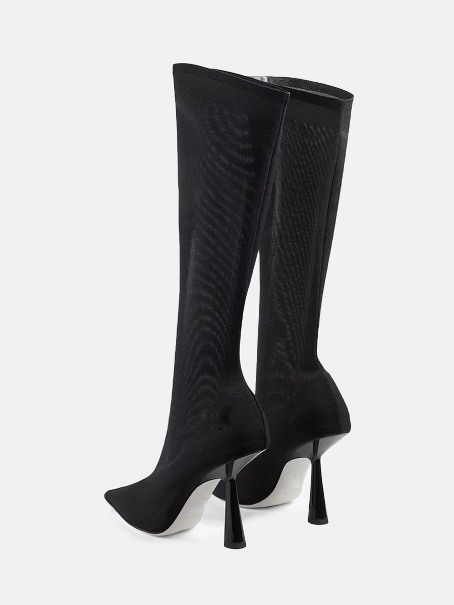Women’s Black Stretch Fabric Pointed Toe Stiletto Heels Knee High Boots (3)