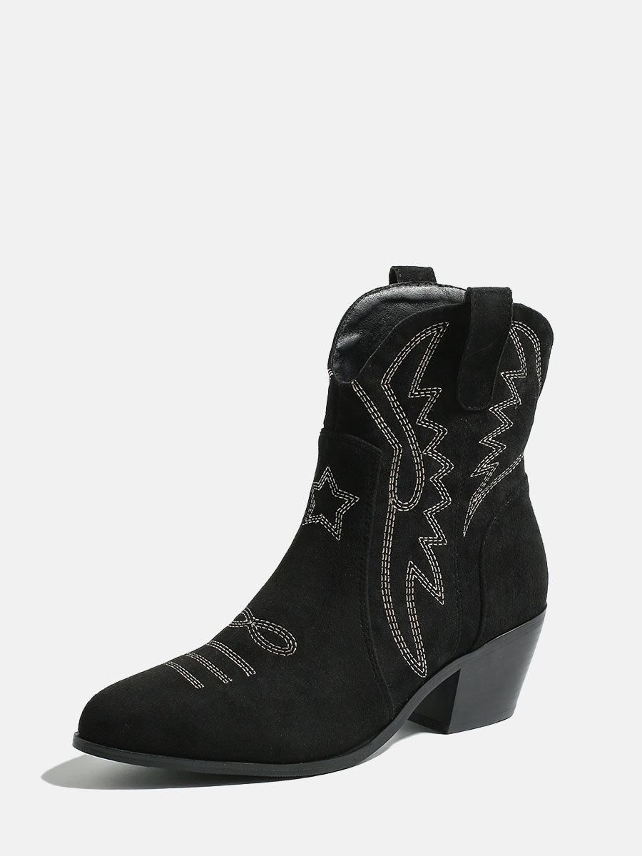 Women’s Black Suede Embroidered Pointed Toe Block Heels Ankle Western Boots (1)