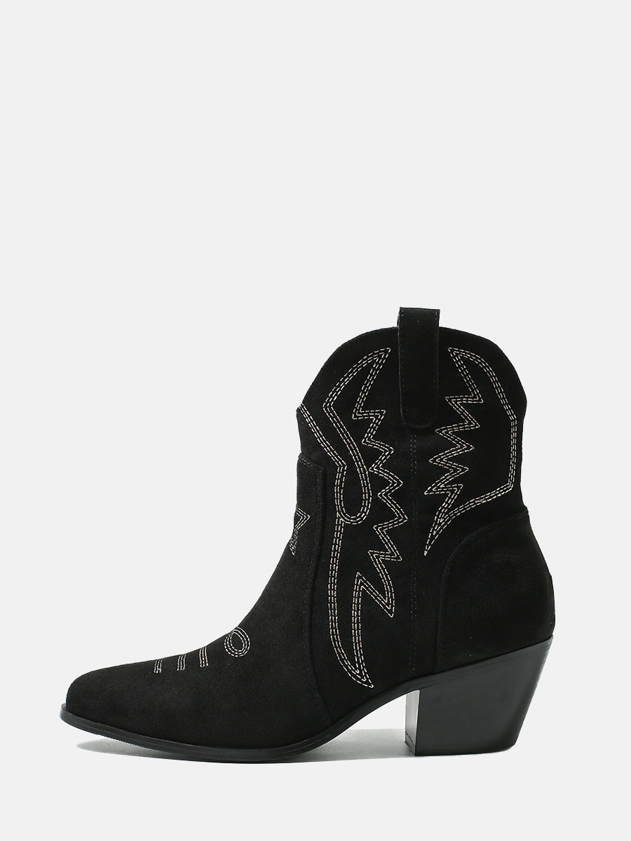 Women's Black Suede Embroidered Pointed Toe Block Heels Ankle Western Boots