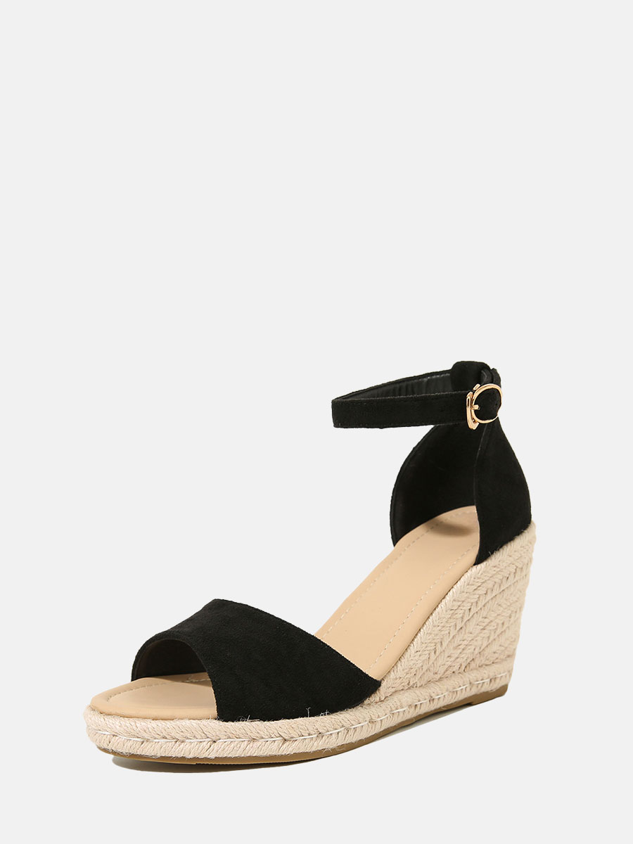 Women’s Black Suede Open Toe Ankle Strap Buckle Straw Woven Wedge Heels Sandals (1)