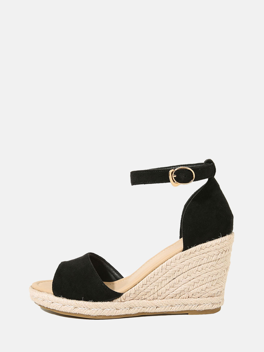 Women's Black Suede Open Toe Ankle Strap Buckle Straw Woven Wedge Heels Sandals