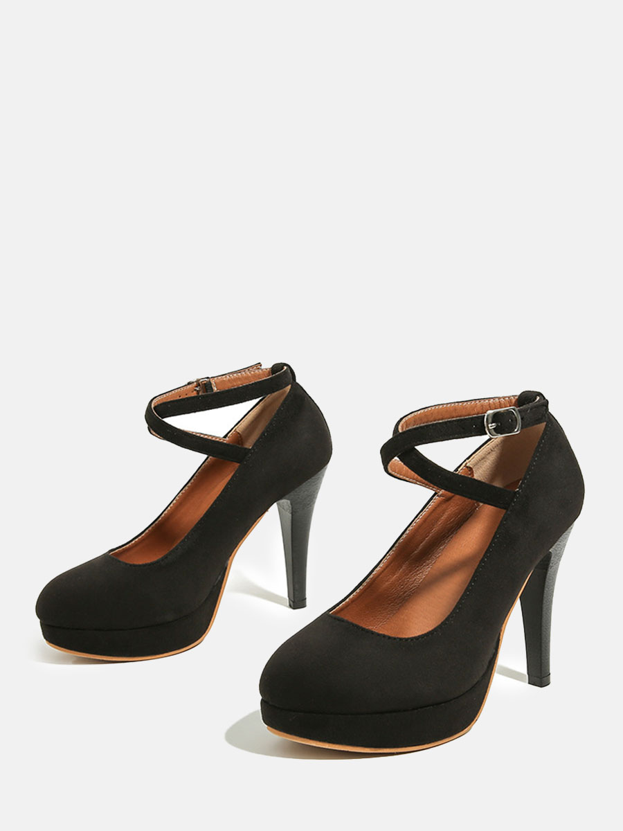 Women's Black Suede Round Toe Crisscross Strap Buckle Platform Stiletto Heels Pumps