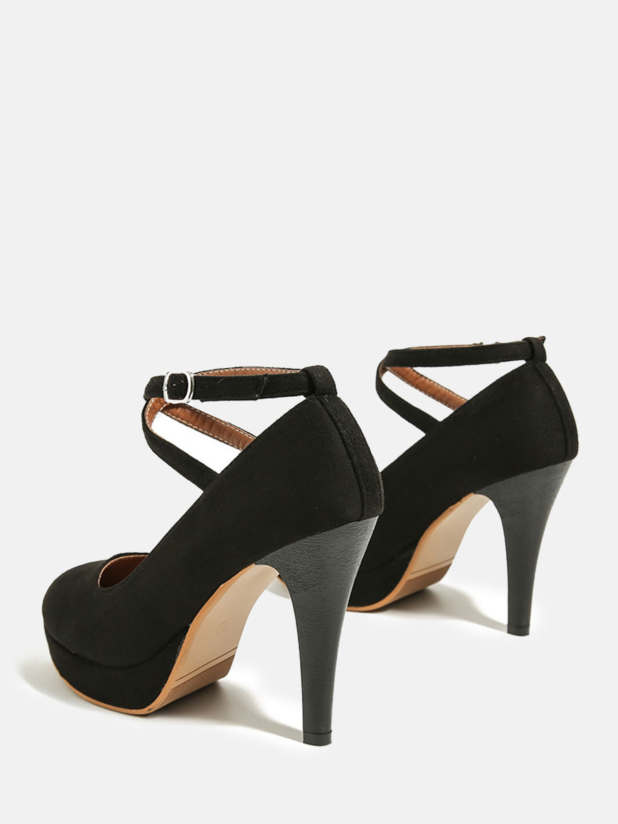 Women’s Black Suede Round Toe Crisscross Strap Buckle Platform Stiletto Heels Pumps (2)
