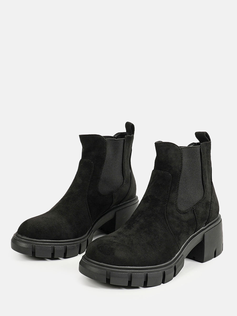 Women's Black Suede Round Toe Elastic Lug Sole Platform Block Heels Chelsea Boots