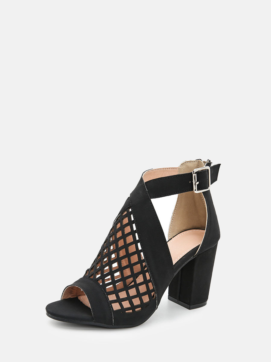 Women's Black Synthetic PU Peep Toe Cut-Out Buckle Block Heels Ankle Strap Sandals