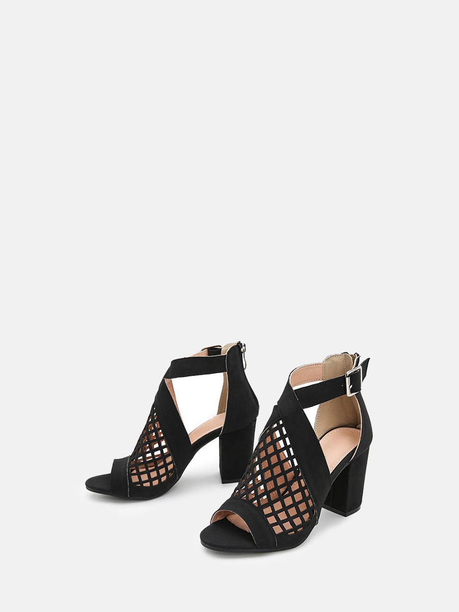 Women’s Black Synthetic PU Peep Toe Cut-Out Buckle Block Heels Ankle Strap Sandals (2)
