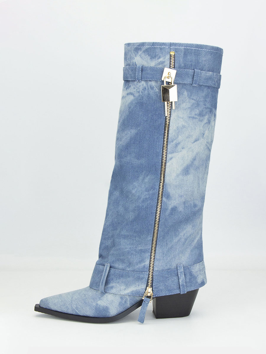Women's Blue Denim Canvas Zipper Square Toe Block Heels Mid Calf Boots