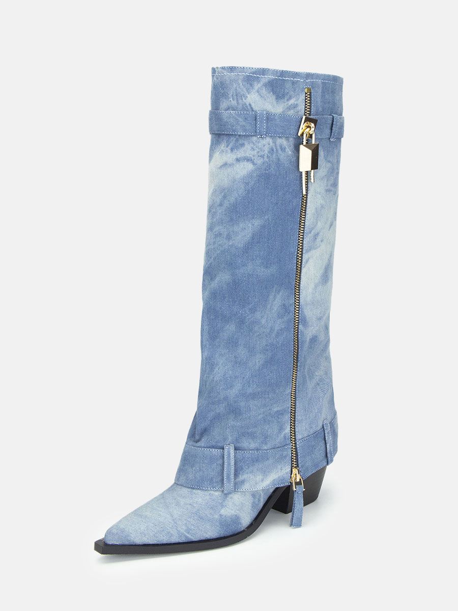 Women’s Blue Denim Canvas Zipper Square Toe Block Heels Mid Calf Boots (7)