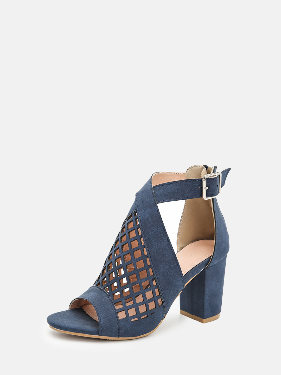 Women's Blue Synthetic PU Peep Toe Cut-Out Buckle Block Heels Ankle Strap Sandals