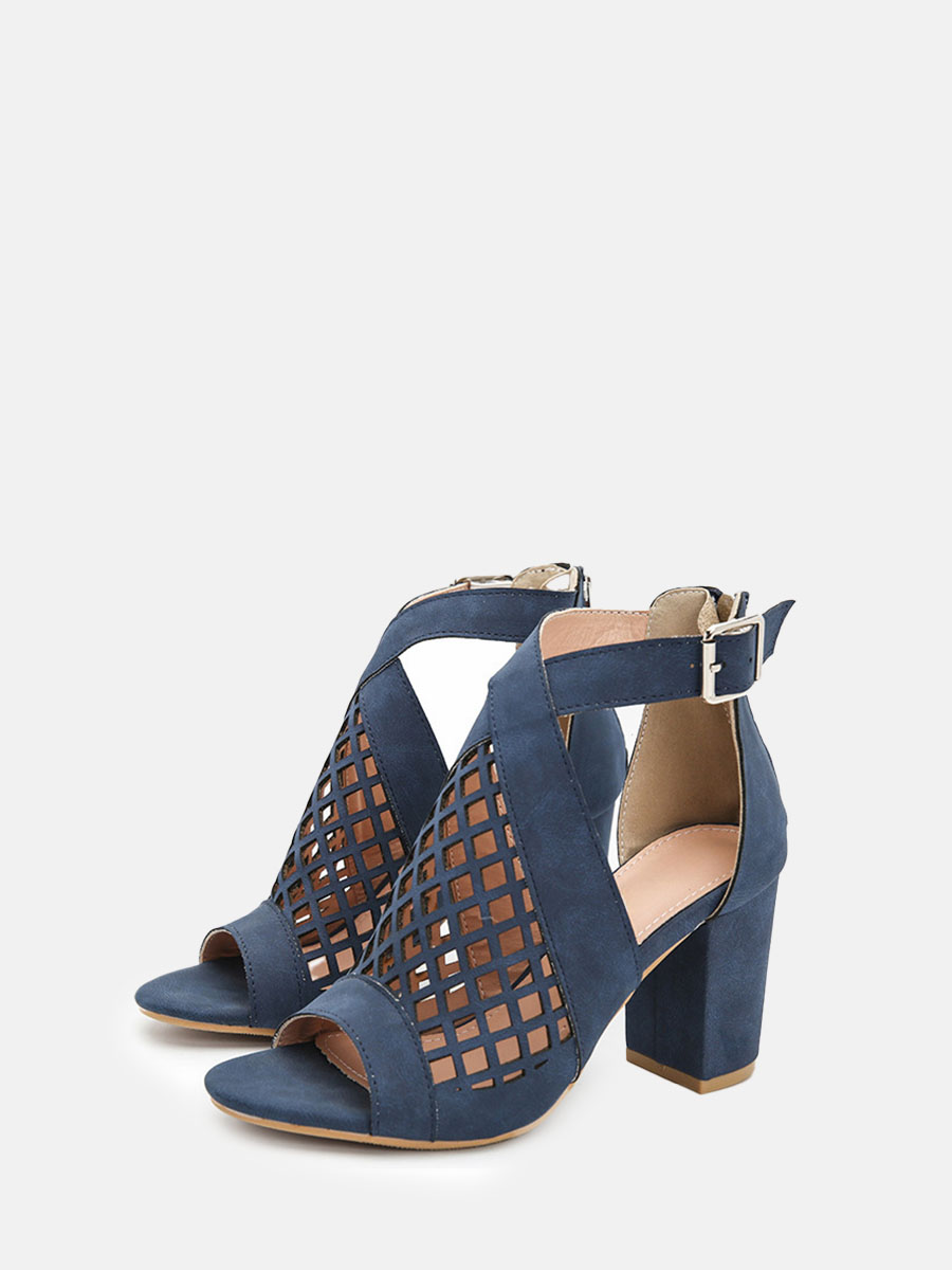 Women’s Blue Synthetic PU Peep Toe Cut-Out Buckle Block Heels Ankle Strap Sandals (2)