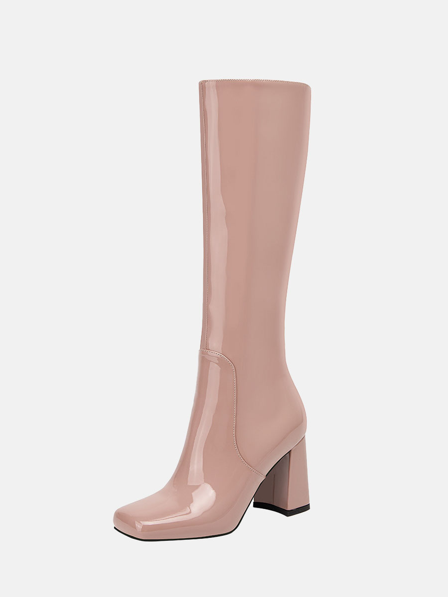 Women's Blush Patent Microfiber Zipper Square Toe Block Heels Knee High Boots
