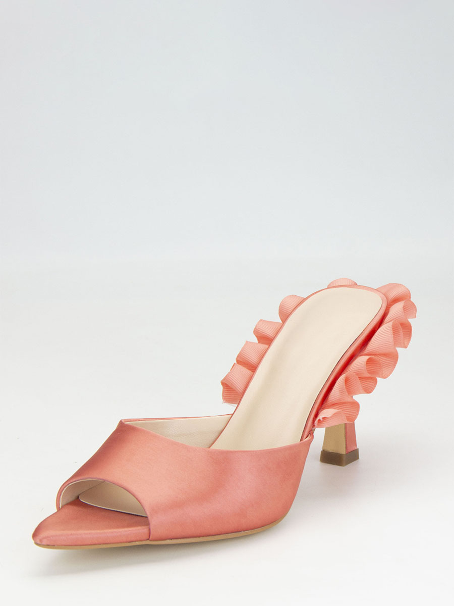 Women’s Blush Satin Ruffle Open Toe Spool Heels Mules (2)