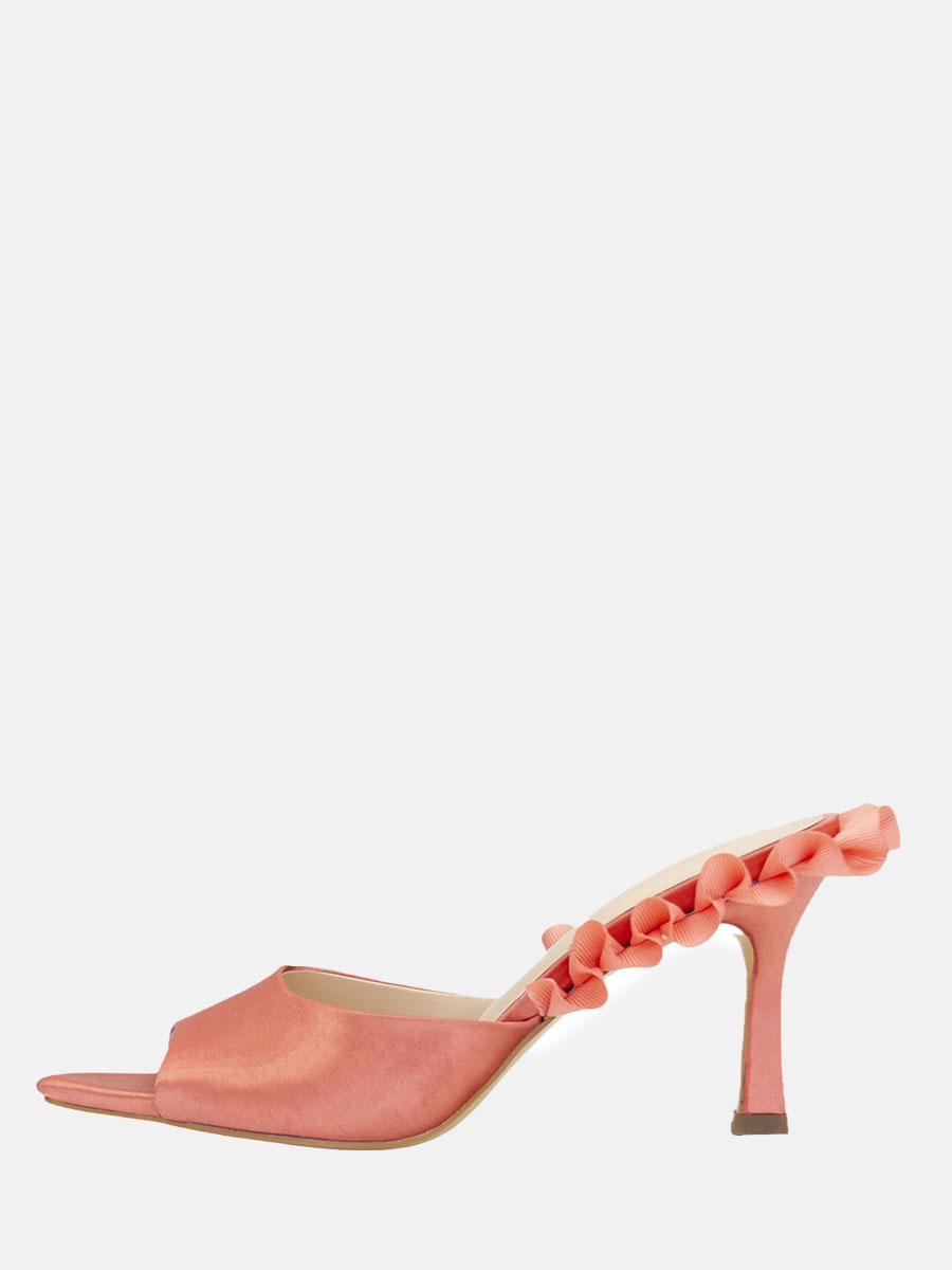 Women's Blush Satin Ruffle Open Toe Spool Heels Mules