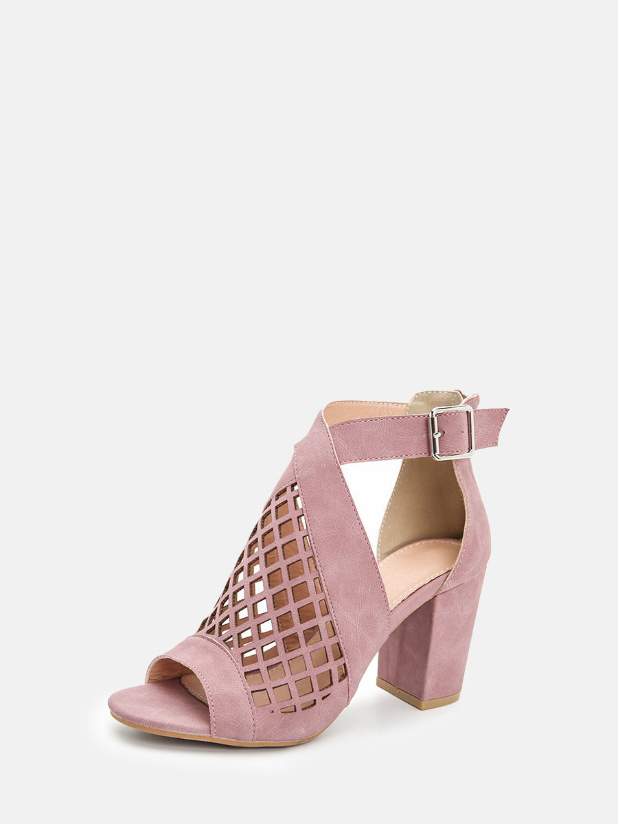 Women's Blush Synthetic PU Peep Toe Cut-Out Buckle Block Heels Ankle Strap Sandals