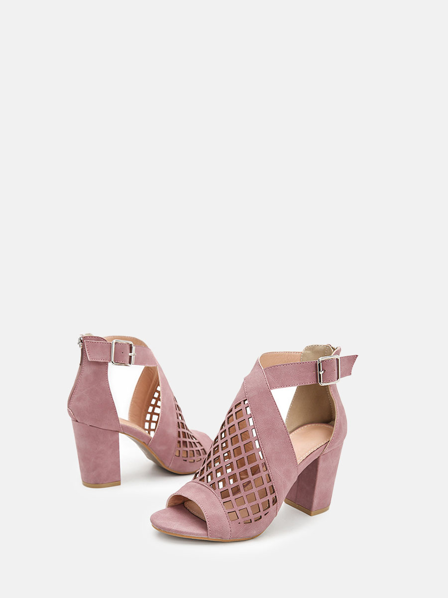 Women’s Blush Synthetic PU Peep Toe Cut-Out Buckle Block Heels Ankle Sandals (4)