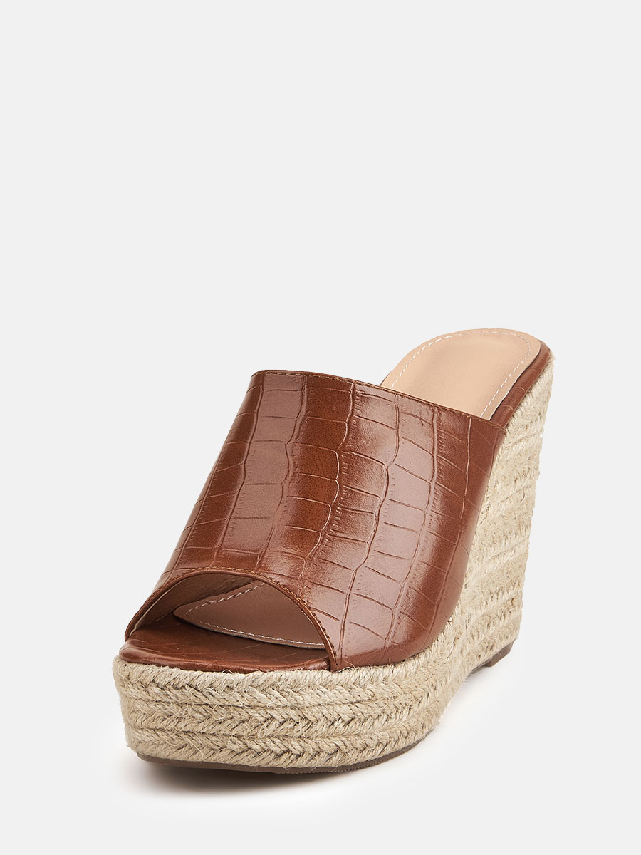 Women's Brown Crocodile Pattern PU Peep Toe Espadrille Wedge Heels Mules