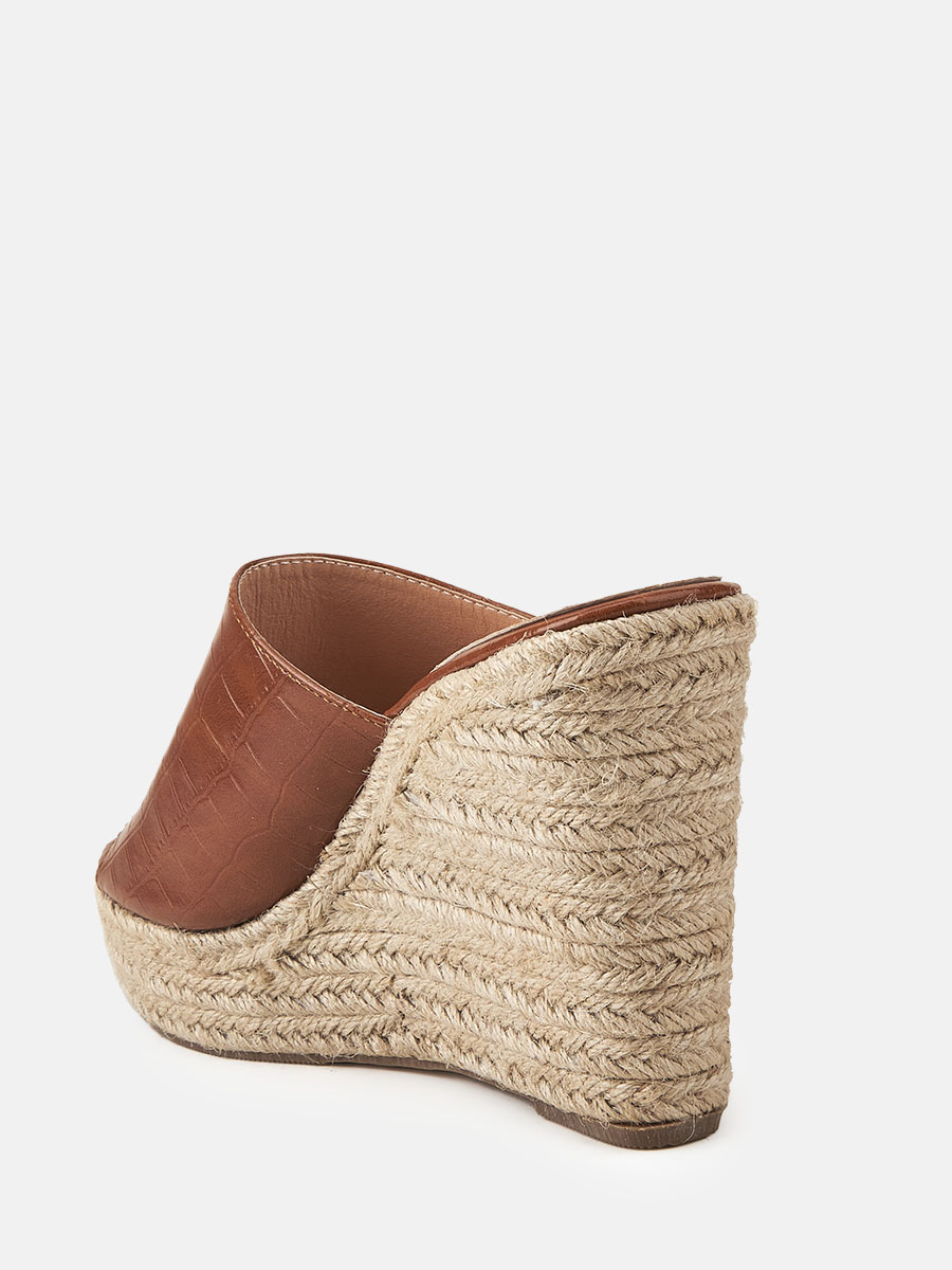 Women’s Brown Crocodile Pattern PU Peep Toe Espadrille Wedge Heels Mules (2)