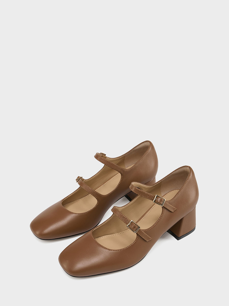 Women's Brown Lambskin Double Strap Mary Jane Round Toe Block Heels Pumps