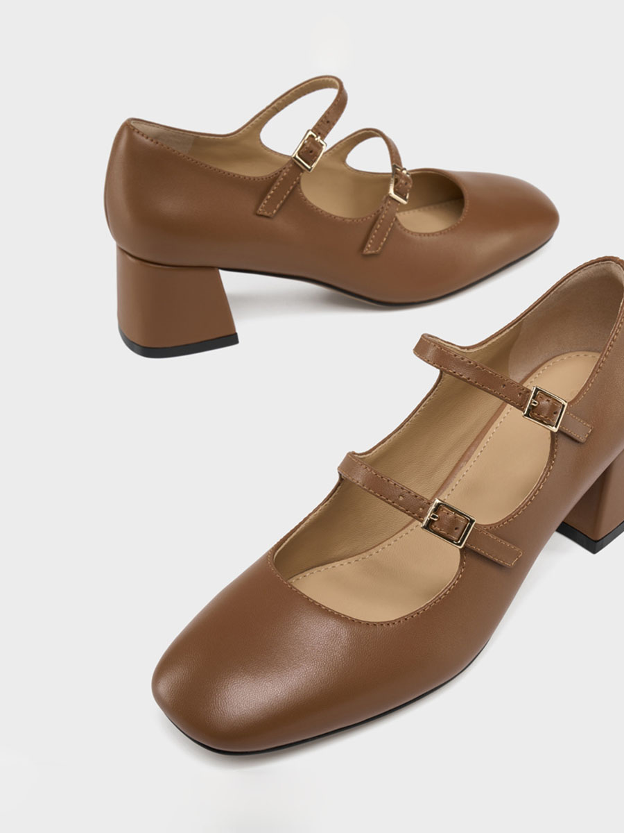 Women’s Brown Lambskin Double Strap Mary Jane Round Toe Block Heels Pumps (4)