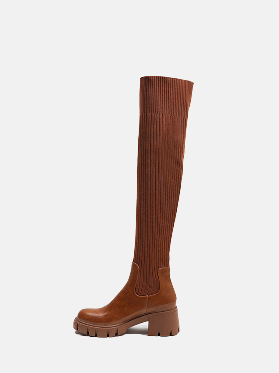 Women's Brown Lug Sole Platform PU Round Toe Block Heel Woolen Over The Knee Boots